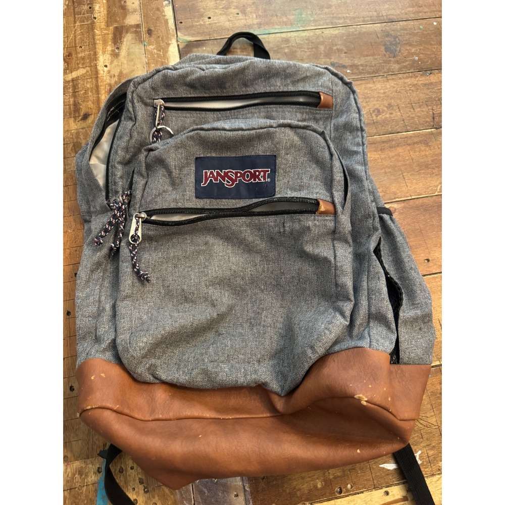 JanSport Backpack Grey Heather Brown Faux Leather Bottom Laptop Sleeve Bag